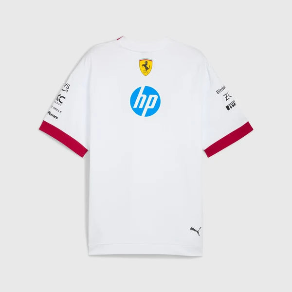 White Scuderia Ferrari short-sleeve t-shirt with red sleeve cuffs, featuring the Scuderia Ferrari Ferrari shield logo on the back neck, a blue HP logo in the center, and sponsor logos on the sleeves.