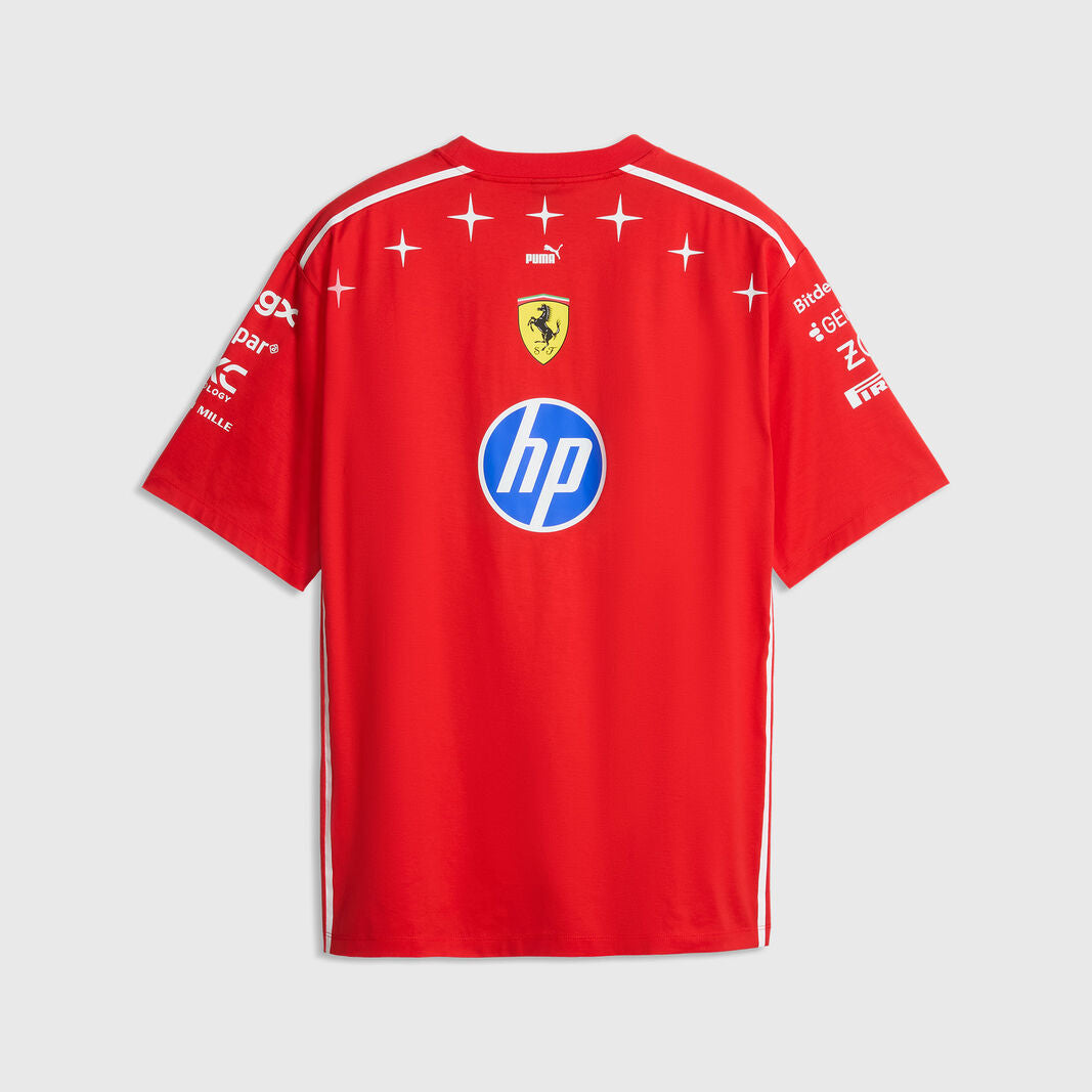 Red Scuderia Ferrari short-sleeve t-shirt with white sponsor logos and graphics, featuring the Scuderia Ferrari shield crest and HP logo on the back.