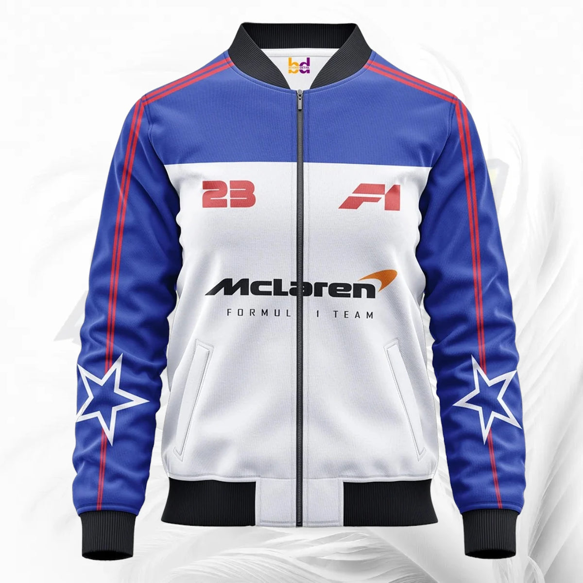 A blue and white McLaren Formula 1 team zip-up jacket with red and black accents, featuring the number 23, F1 logo, and team branding on the front.