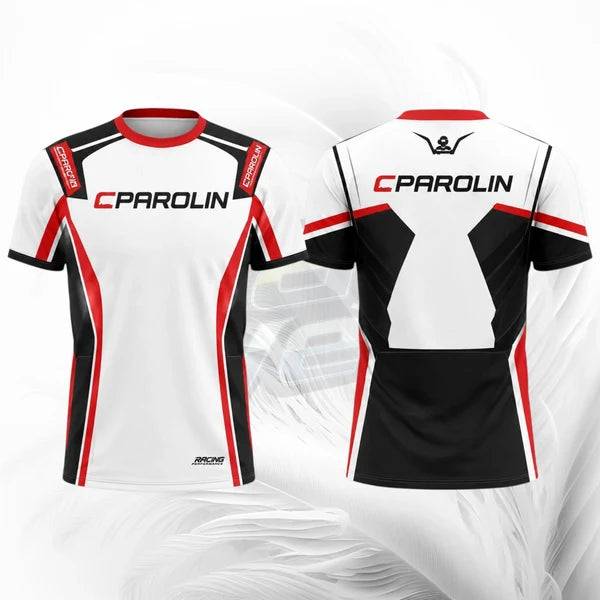 Front and back views of a white, black, and red short-sleeve athletic jersey with 'CPAROLIN' printed across the chest and shoulders, displayed on a light gray abstract background.