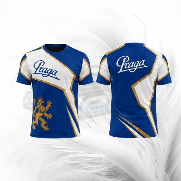 Blue and white sports jersey with gold accents and 'Praga' branding on a white background