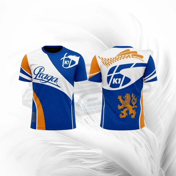 Blue and white sports jersey with branding on a white background