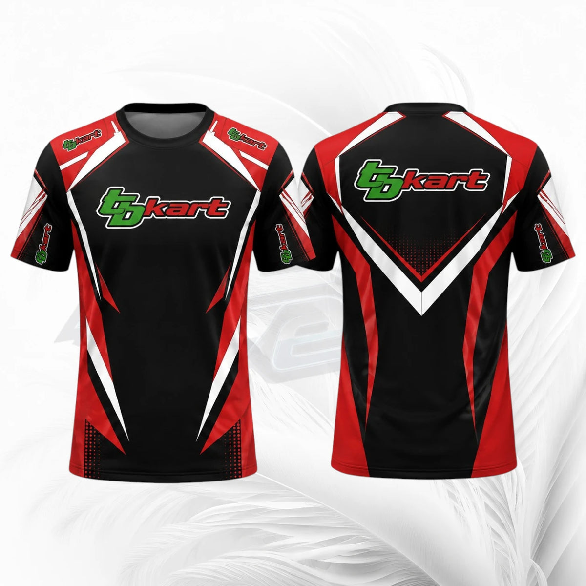Front and back views of a short-sleeve athletic jersey. The jersey is primarily black with red and white graphic patterns and a green and white '46kart' logo on the chest.