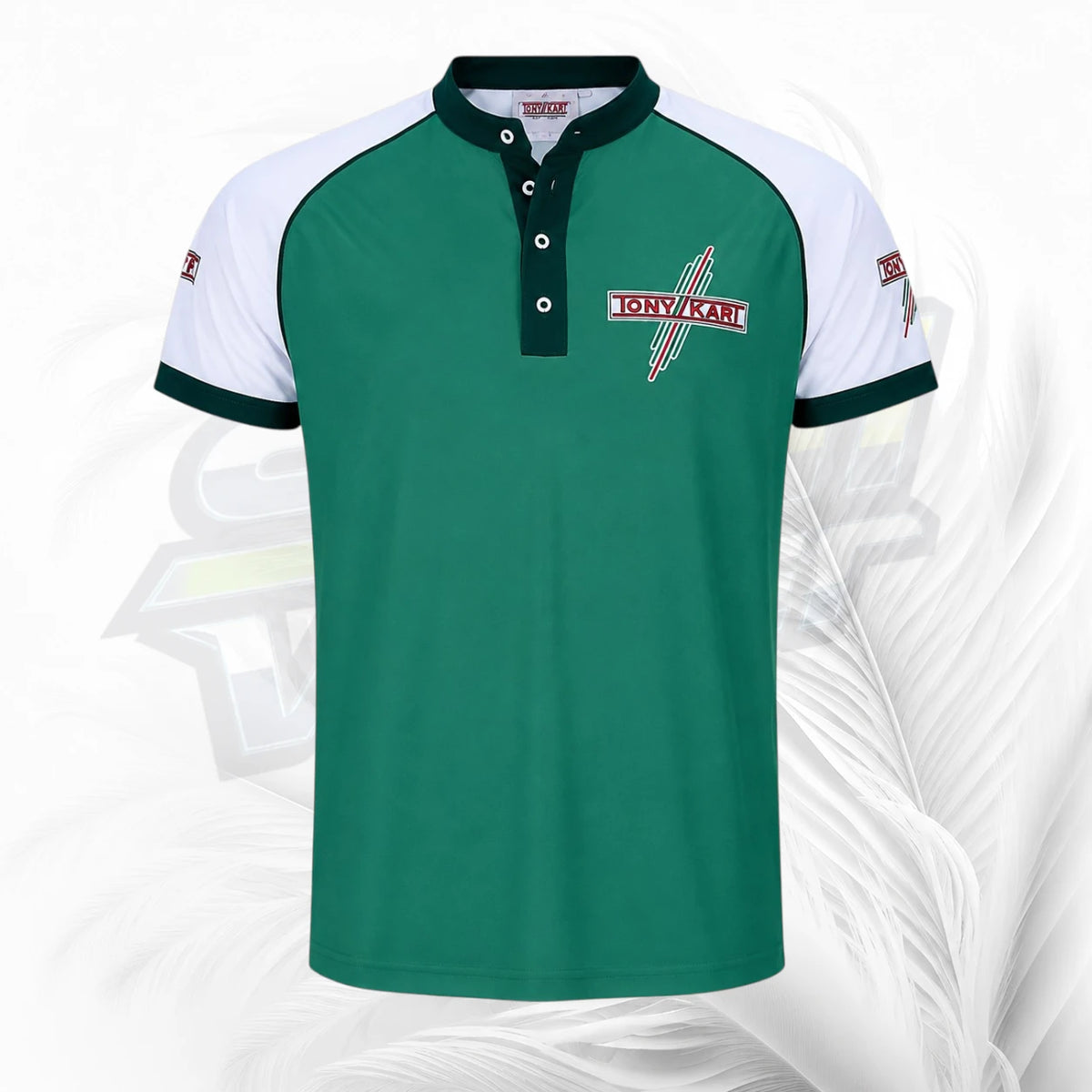 A green and white short-sleeve polo shirt with a dark green collar and sleeve cuffs, featuring a white button placket and a 'Don W. Kart' logo on the left chest.