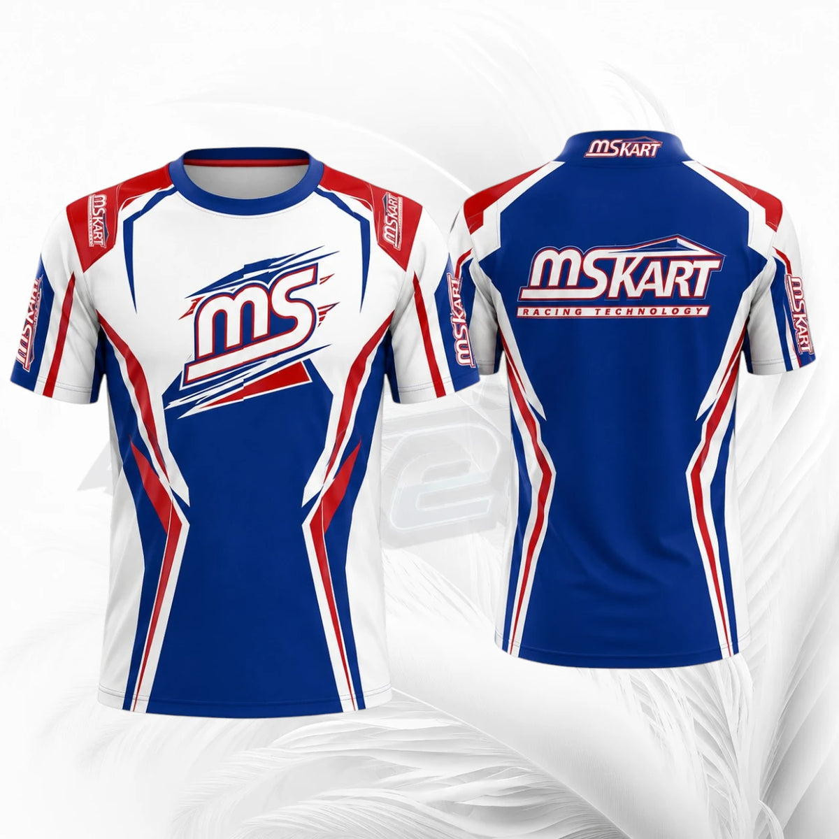 Front and back views of a short-sleeve athletic jersey. The jersey is primarily royal blue, white, and red, featuring the 'ms' logo on the front chest and 'mSKART' on the back, with 'mSKART' also visible on the sleeves and shoulders.
