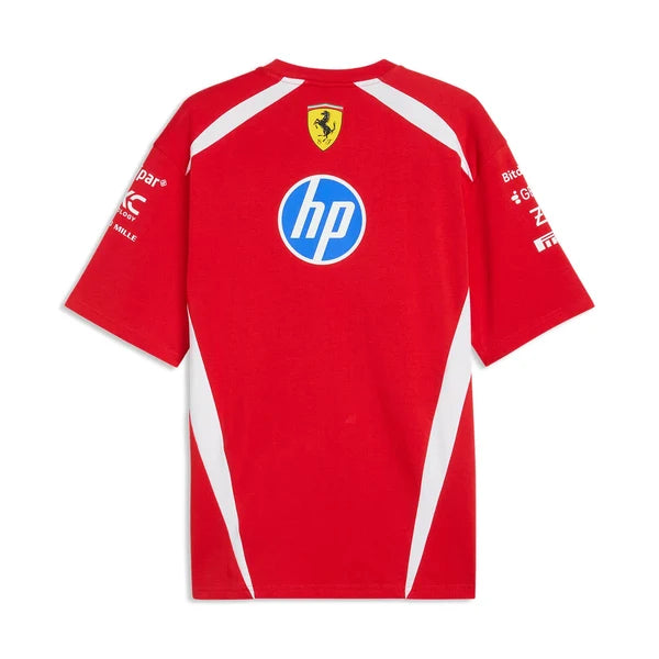 Red sports jersey with HP logo and Ferrari emblem on a white background