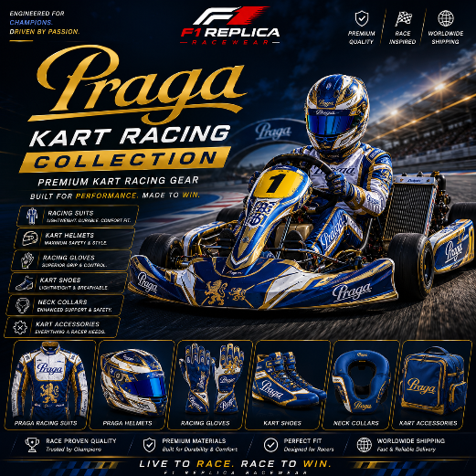 Praga Kart Racing Collection featuring blue and gold kart racing suits, helmets, gloves, shoes, neck collars and accessories