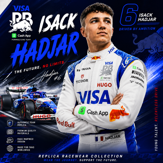 Isack Hadjar-inspired F1 racewear collection featuring blue and white racing suit and motorsport design