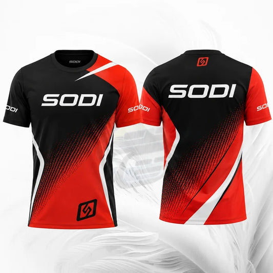 Front and back views of a short-sleeve athletic jersey in black, red, and white. The jersey features the brand name 'SODI' in large white letters across the chest, with a black-to-red gradient pattern and white diagonal accents.