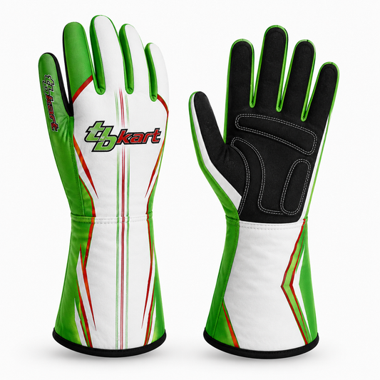 A pair of custom racing gloves shown from both the back and palm views. The gloves feature a white and green color scheme with red graphic accents, a green and red 'tbkart' logo on the back, and a black palm side with white stitching.