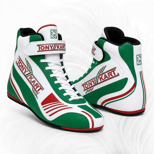 Green and white racing shoes with red accents on a white background