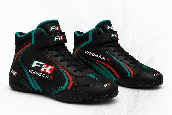 Black high-top sneakers with green and red accents and 'Formula K' branding on a white background.