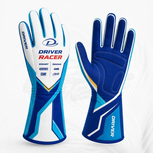 Driver Racer blue white and cyan karting racing gloves