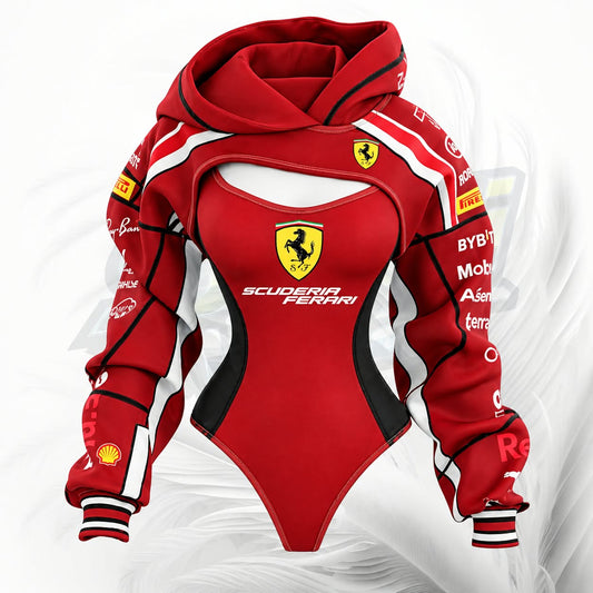 A red hooded bodysuit with a Ferrari racing theme, featuring the Scuderia Ferrari logo on the chest, multiple sponsor logos, and black and white accents, shown against a white background with a faint gray swirl pattern.