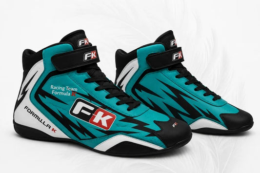 Teal and black racing shoes with Formula K branding on a white background