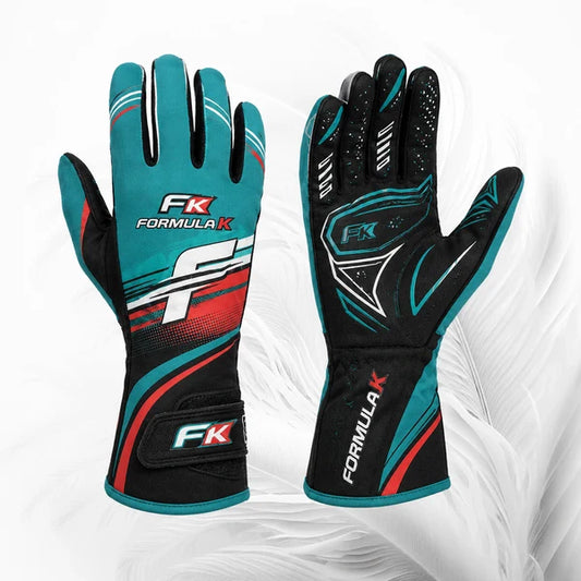 Pair of Formula K racing gloves on a white background