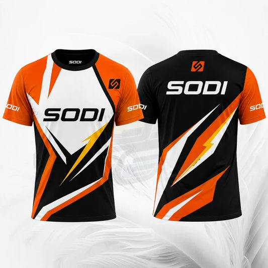 Black, orange, and white sports jersey with SODI branding on a white background