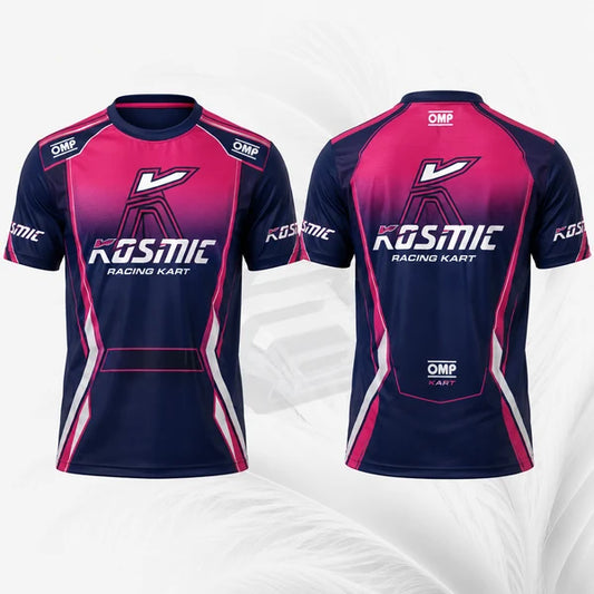 Front and back views of a short-sleeve racing jersey in navy blue and pink gradient, featuring 'The Kosmic Racing Kart' and 'OMP Sport' logos, displayed on a light gray background.
