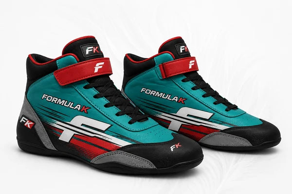 Teal and black racing shoes with red accents and 'Formula K' branding on a white background