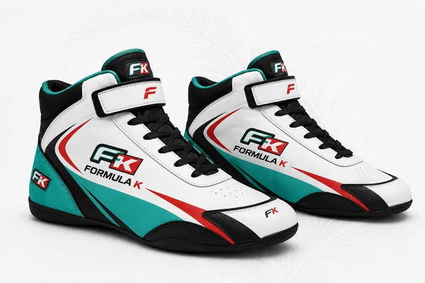 Pair of Formula K racing shoes on a white background