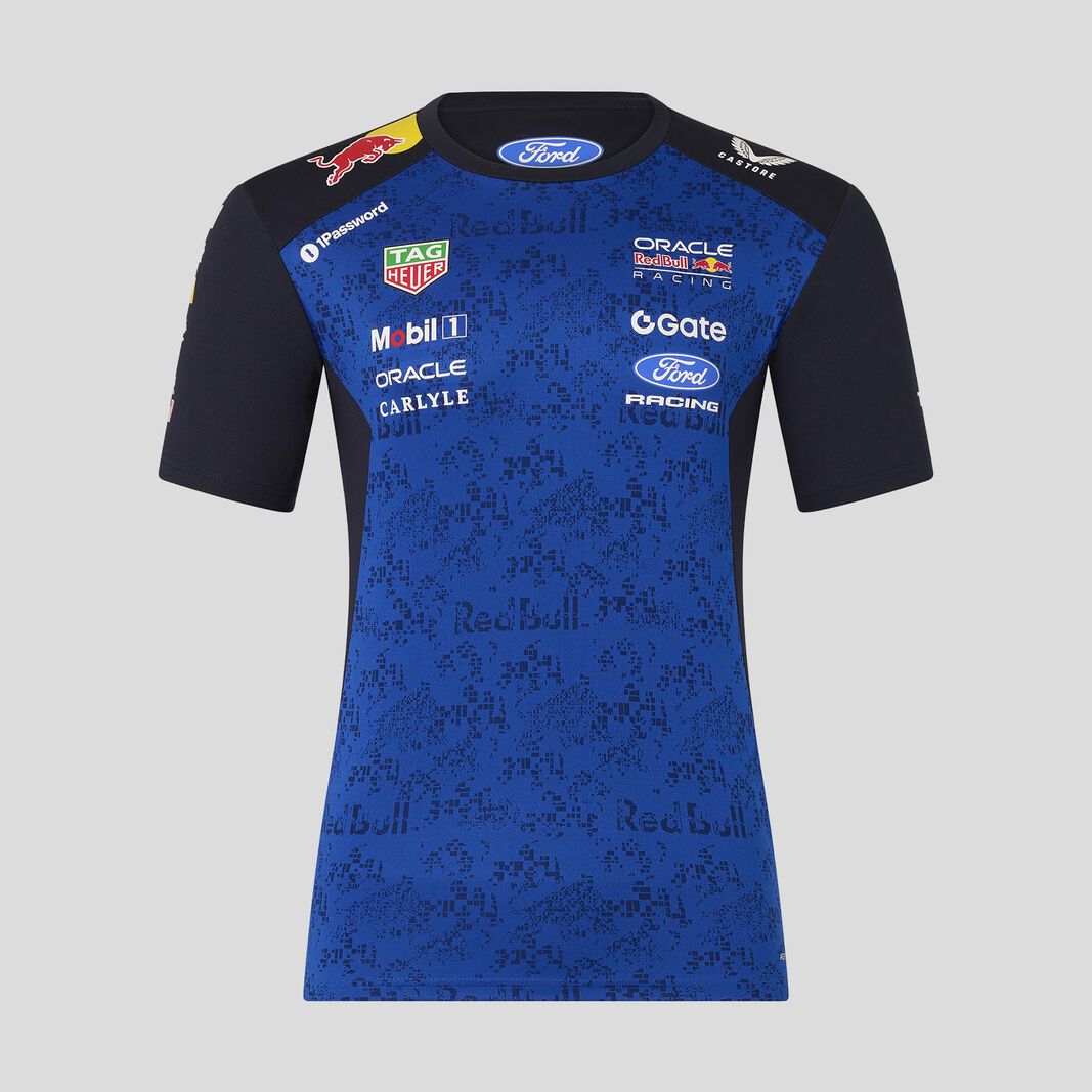 Blue Red Bull Racing inspired F1 T-shirt with motorsport graphics and racing pattern