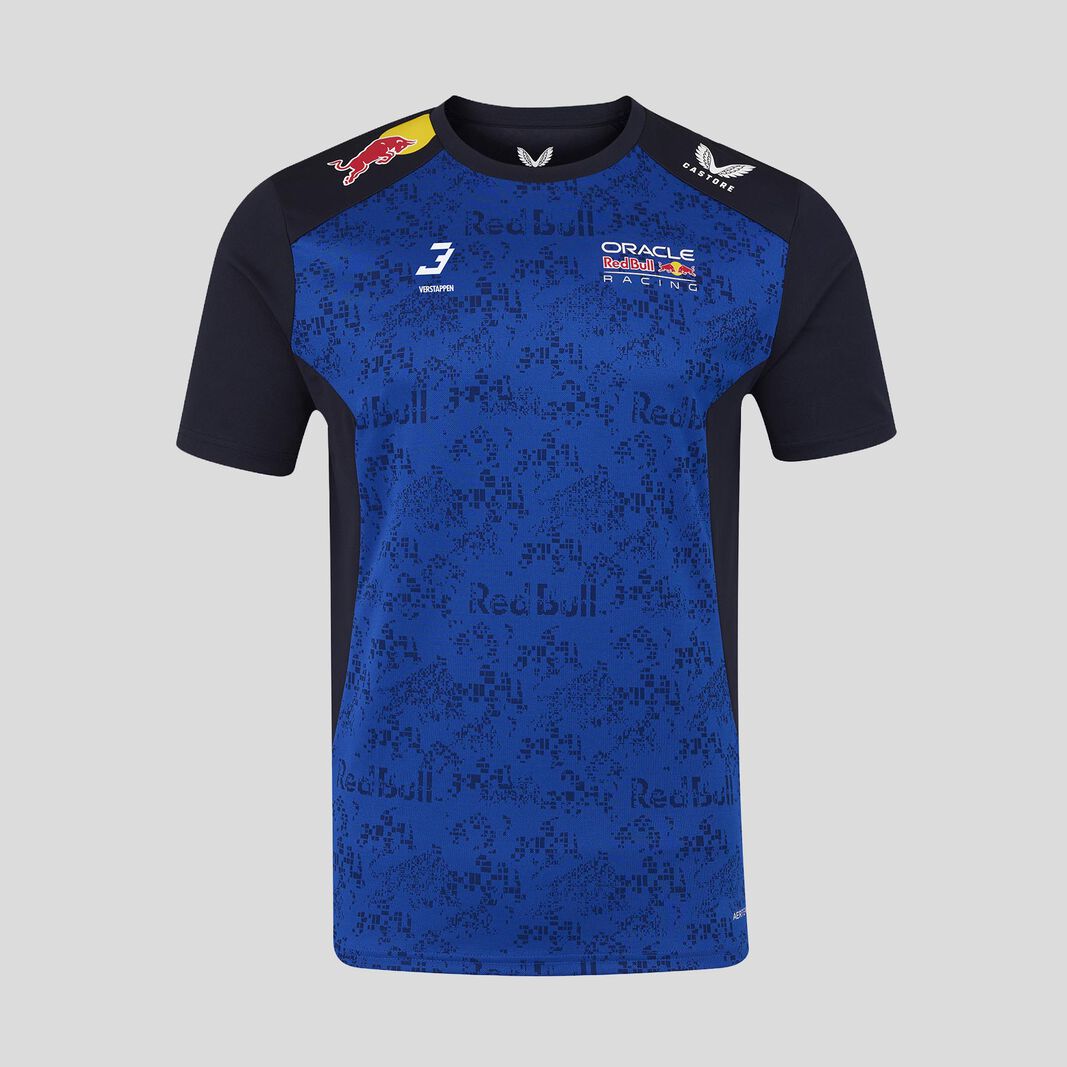 Blue Red Bull Racing inspired F1 T-shirt with dynamic motorsport pattern