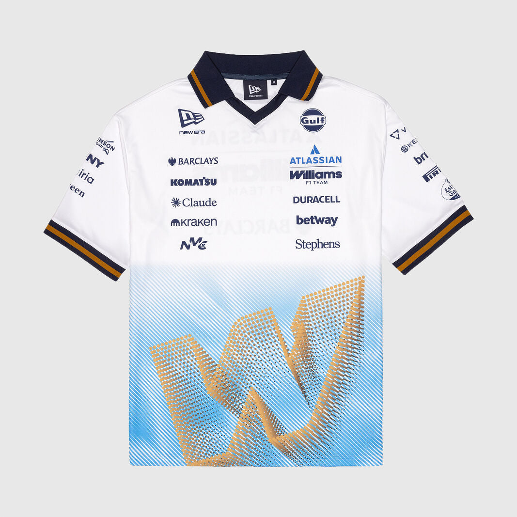 A white and light blue short-sleeve racing jersey with gold, navy, and black sponsor logos and graphics, displayed flat against a light gray background.