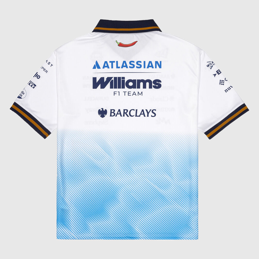 White and light blue gradient short-sleeve sports jersey with sponsor logos including ATLASSIAN, Williams F1 TEAM, and Barclays, shown flat against a light gray background.