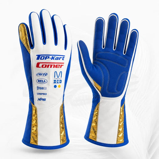Top Kart Comer blue white and gold racing karting gloves