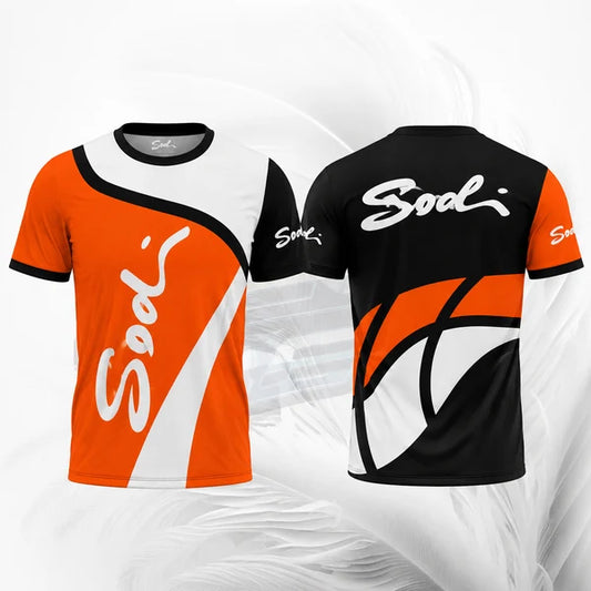 Orange and black t-shirt with 'Soul' branding on a white background