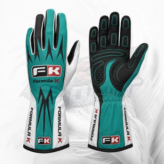 Pair of Formula K racing gloves on a white background