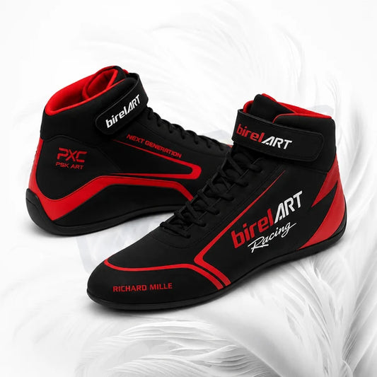 Black and red racing shoes with 'birelART' branding on a white background
