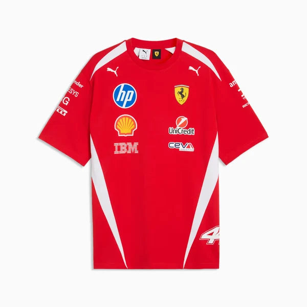 A red short-sleeve Scuderia Ferrari Puma soccer jersey with white side stripes and multiple sponsor logos including HP, Shell, and IBM, displayed flat against a light gray background.