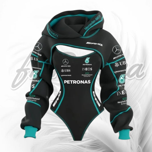 F1 Racing Mercedes-Inspired Hooded Bodysuit – Black & Turquoise