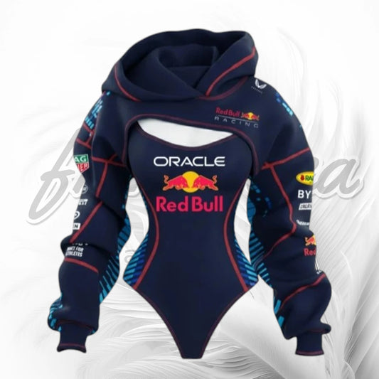 Nevy Blue F1-Inspired Racing Hooded Bodysuit – Red Bull Style