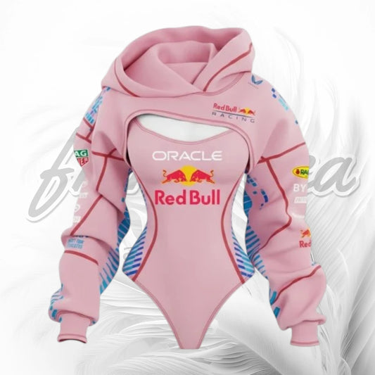 Pink F1-Inspired Racing Hooded Bodysuit – Red Bull Style