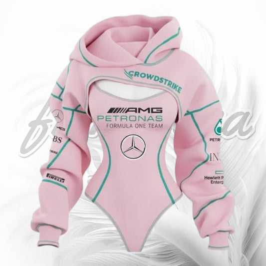 Pink & Turquoise F1-Inspired Racing Hooded Bodysuit for Women