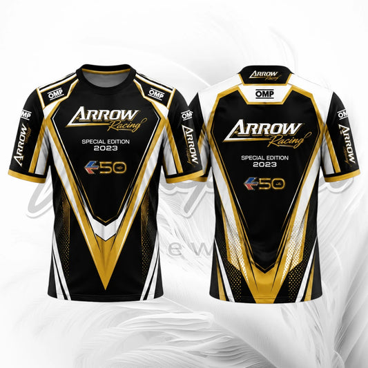Front and back views of a short-sleeve racing jersey in black, white, and gold. The jersey features 'Arrow Racing' and 'Special Edition 2023' text, along with 'OMP' logos on the shoulders and sleeves, set against a white and gray abstract background.