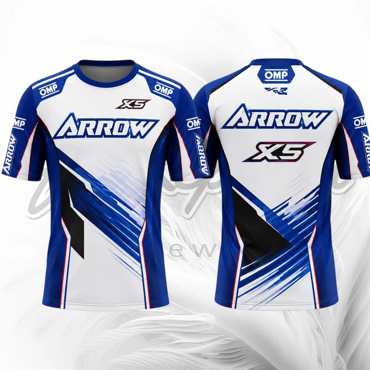 Front and back views of a short-sleeve athletic jersey with a white base, royal blue sleeves and side panels, and black graphic accents. The jersey features the brand name 'Arrow' across the chest, 'OMP' logos on the shoulders and sleeves, and 'XS' on the upper back.