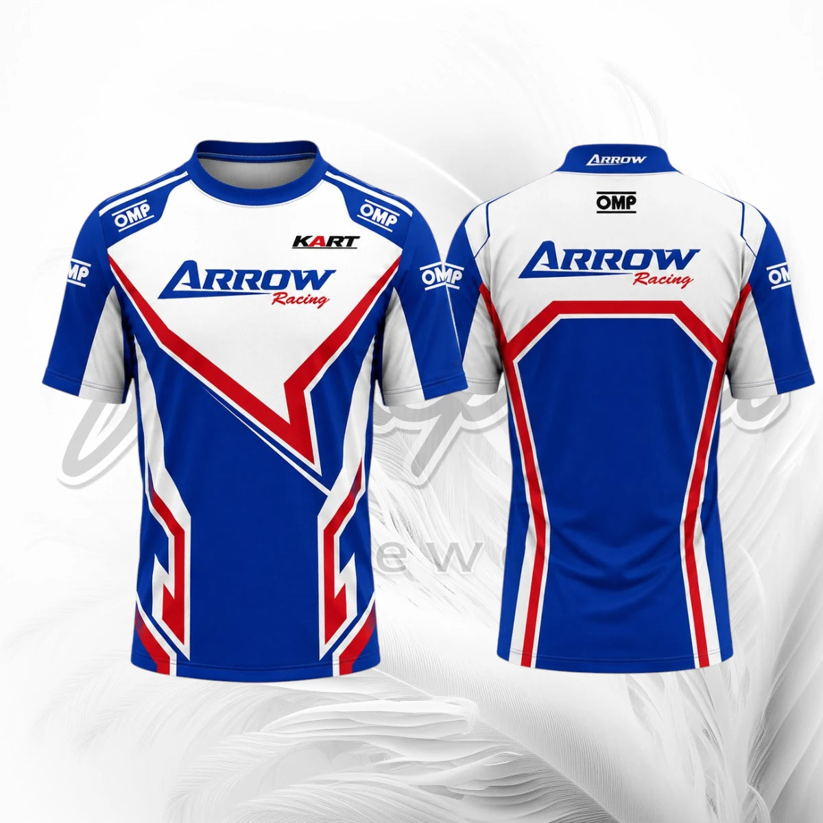 Front and back views of a blue, white, and red Arrow Racing short-sleeve performance jersey with various sponsor logos including OMP and KART, displayed on a light gray background with subtle white wave patterns.