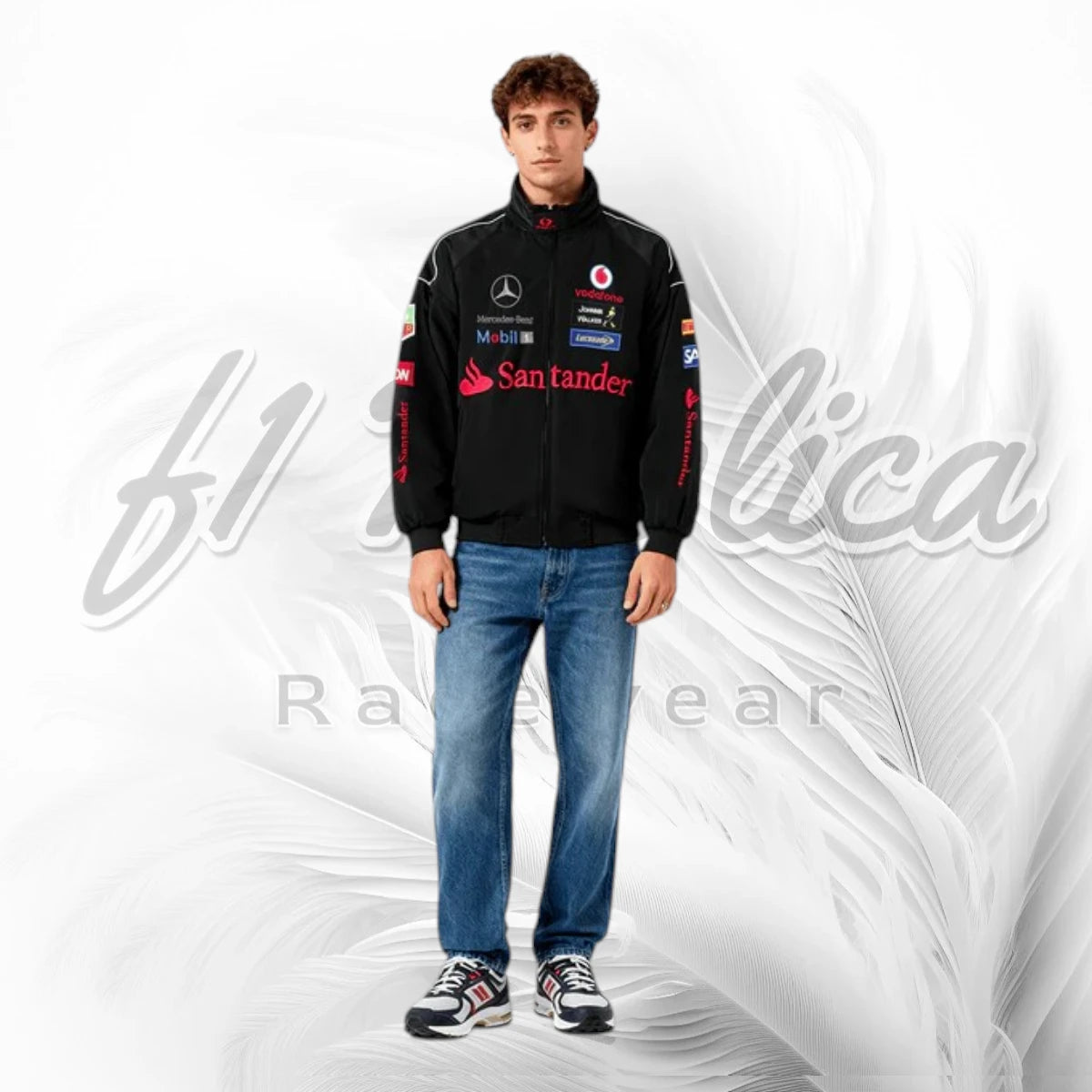 Vintage Vodafone McLaren Mercedes F1 Vintage  Racing Jacket | Black Motorsport Jacket
