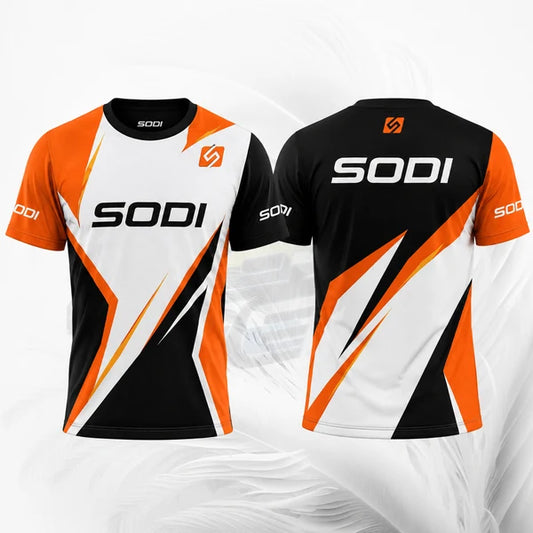 SODI sports jersey with black, orange, and white design on a white background
