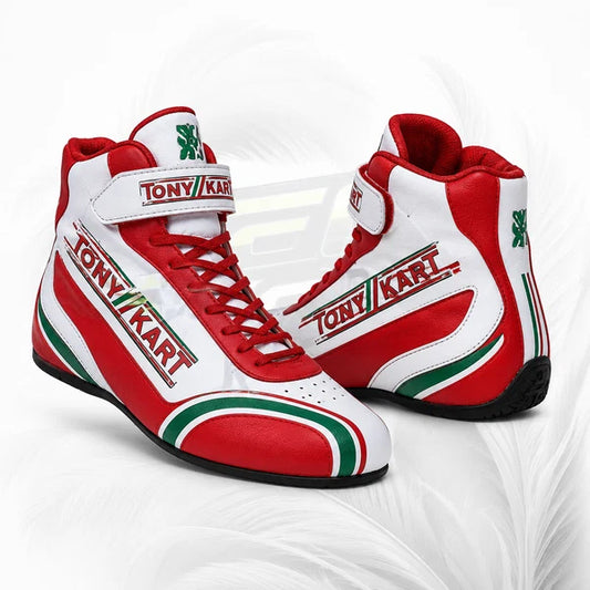 Red and white racing shoes with green accents on a white background