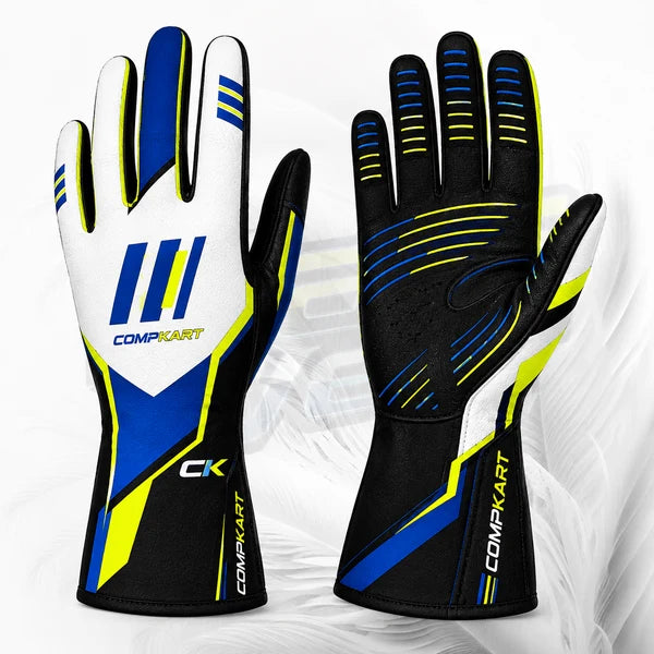 Pair of racing gloves with blue, yellow, and black design on a white background