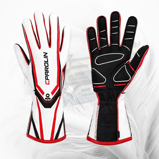Parolin white red and black kart racing gloves with textured palm grip