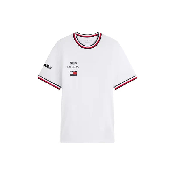 White t-shirt with red and black accents and branding on a white background