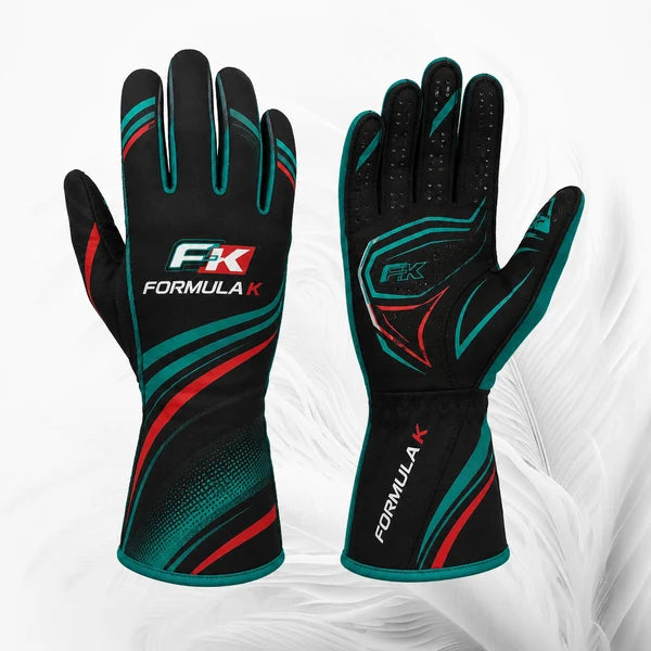 Formula K Kart Racing Gloves – Black, Teal & Red
