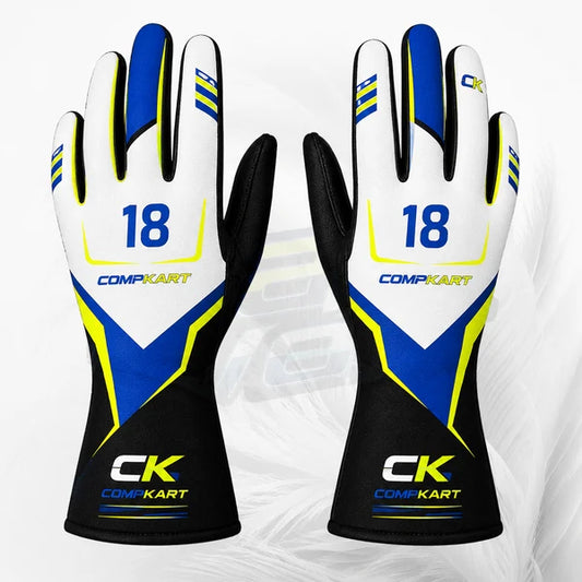 A pair of Comp Kart racing gloves shown from both the back and palm sides, featuring a white, blue, and black color scheme with neon yellow accents and the number 18.
