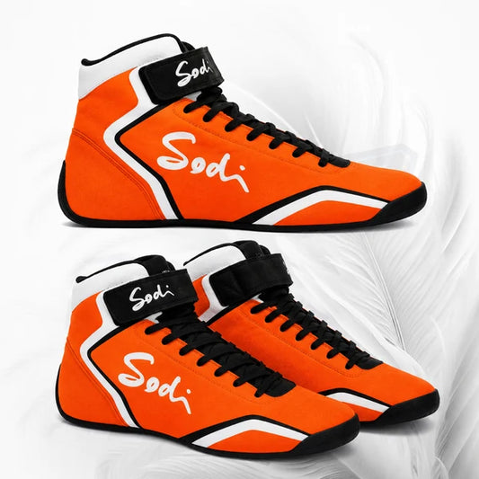 Orange high-top sneakers with black and white accents on a white background