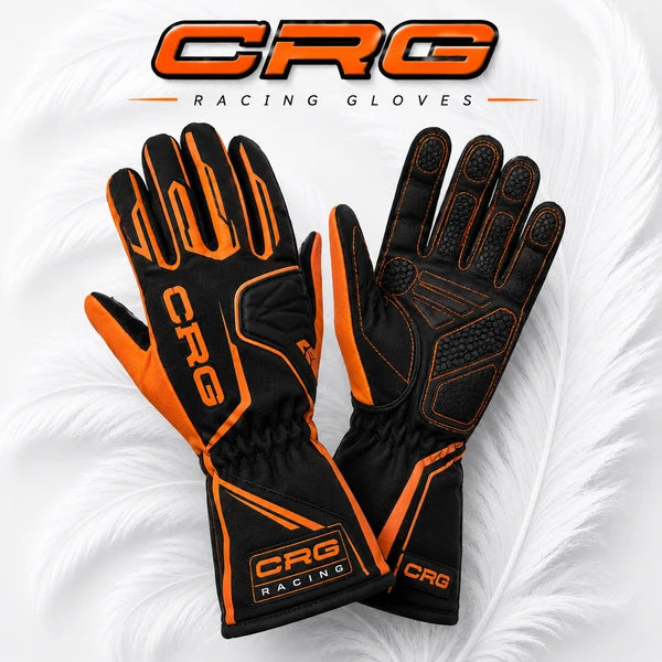 Black and orange racing gloves with CRG branding on a white background